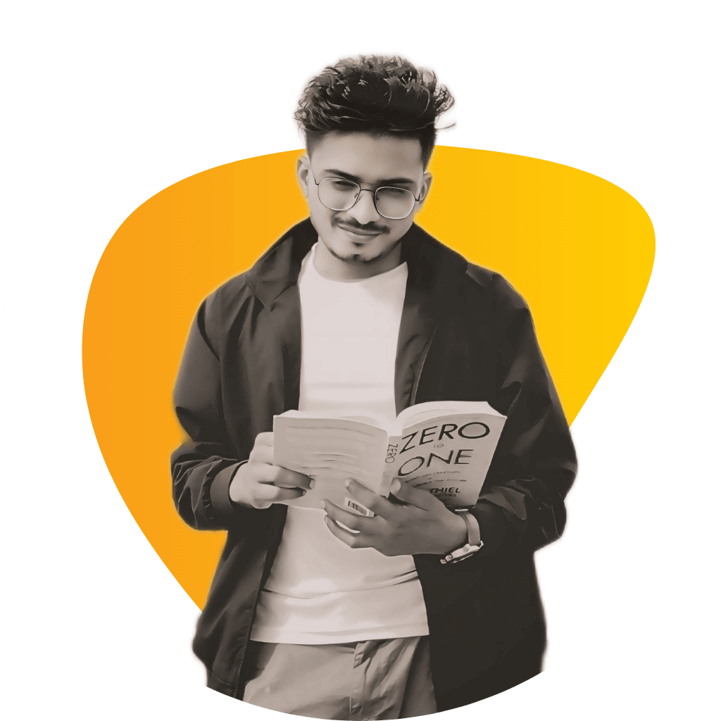 Krunal's black-and-white portfolio image showing him in a black jacket, reading a book with a bulb in the background. The title 'Innovative Thinker and Creator' complements the visual