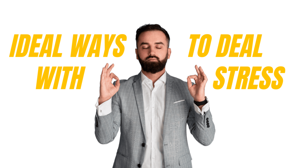 A person in a grey corporate suit standing with eyes closed, exuding calmness and confidence. Facial expressions show serenity, and hand gestures reflect a relaxing posture, conveying a 'don’t worry, stay calm' attitude