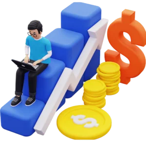 3D-rendered illustration of a man sitting on a staircase, working on a laptop, with a dollar sign, gold coins, and an upward-trending arrow representing financial growth.