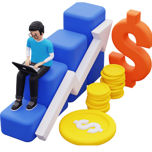3D-rendered illustration of a man sitting on a staircase, working on a laptop, with a dollar sign, gold coins, and an upward-trending arrow representing financial growth.