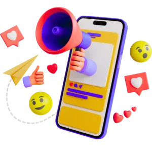 3D-rendered smartphone with a hand holding a megaphone, surrounded by animated social media emojis, hearts, and engagement icons on a black background.