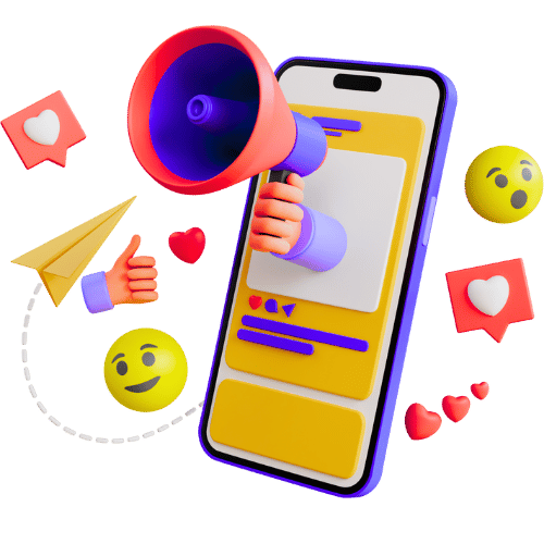 3D-rendered smartphone with a hand holding a megaphone, surrounded by animated social media emojis, hearts, and engagement icons on a black background.