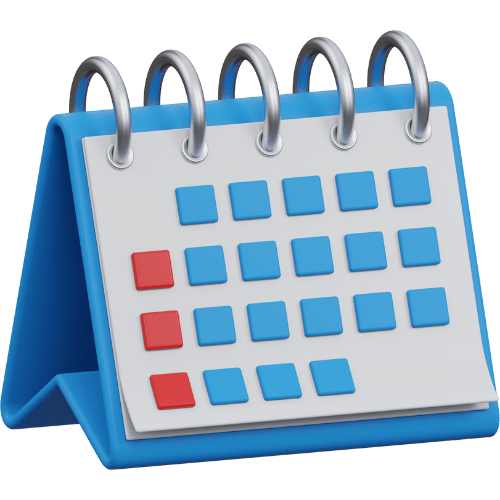 3D icon of a desktop calendar with blue and red date blocks