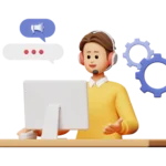 3D-image of a person sitting on a chair, giving online advice using a headset with a microphone, with a laptop on the front desk.