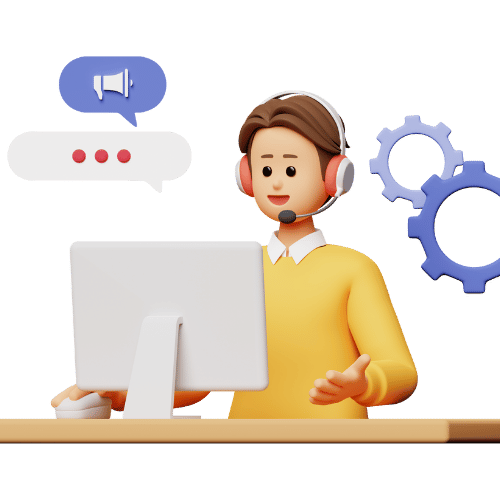3D-image of a person sitting on a chair, giving online advice using a headset with a microphone, with a laptop on the front desk.