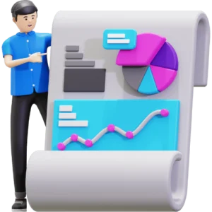 3D character presenting a digital analytics report with pie chart and trend graph