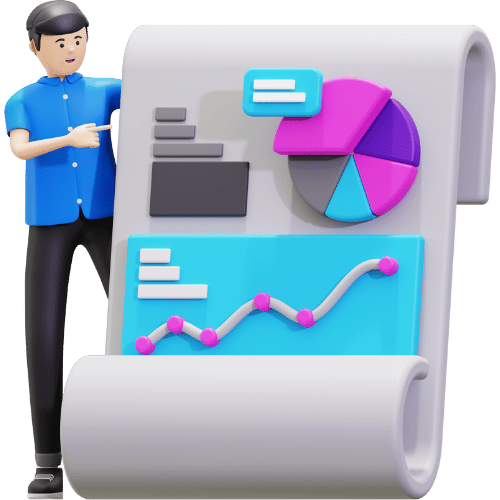 3D character presenting a digital analytics report with pie chart and trend graph