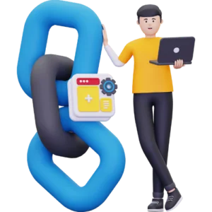 3D illustration of PERSON with a laptop beside a large chain link settings icon