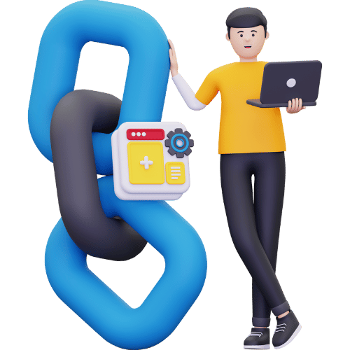 3D illustration of PERSON with a laptop beside a large chain link settings icon