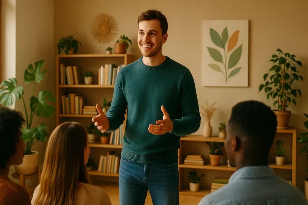 ENFJ Personality Traits and Strengths the person stands in front of three people and gives delivering a: speech